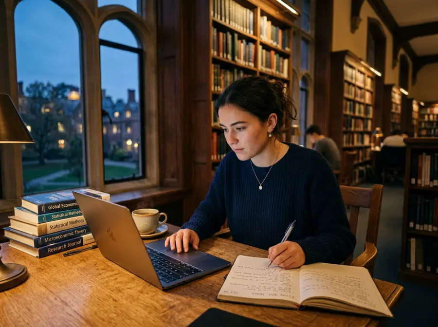 Student studying in a library at dusk